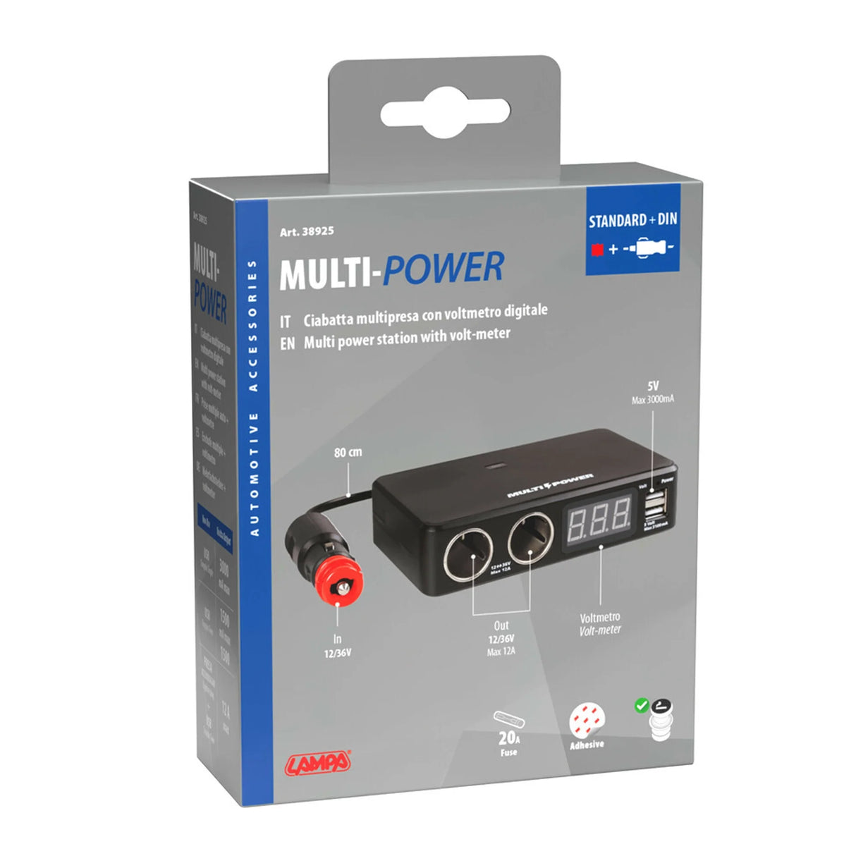 Dual Car Cigarette Lighter Splitter with 2 USB Ports & Voltmeter