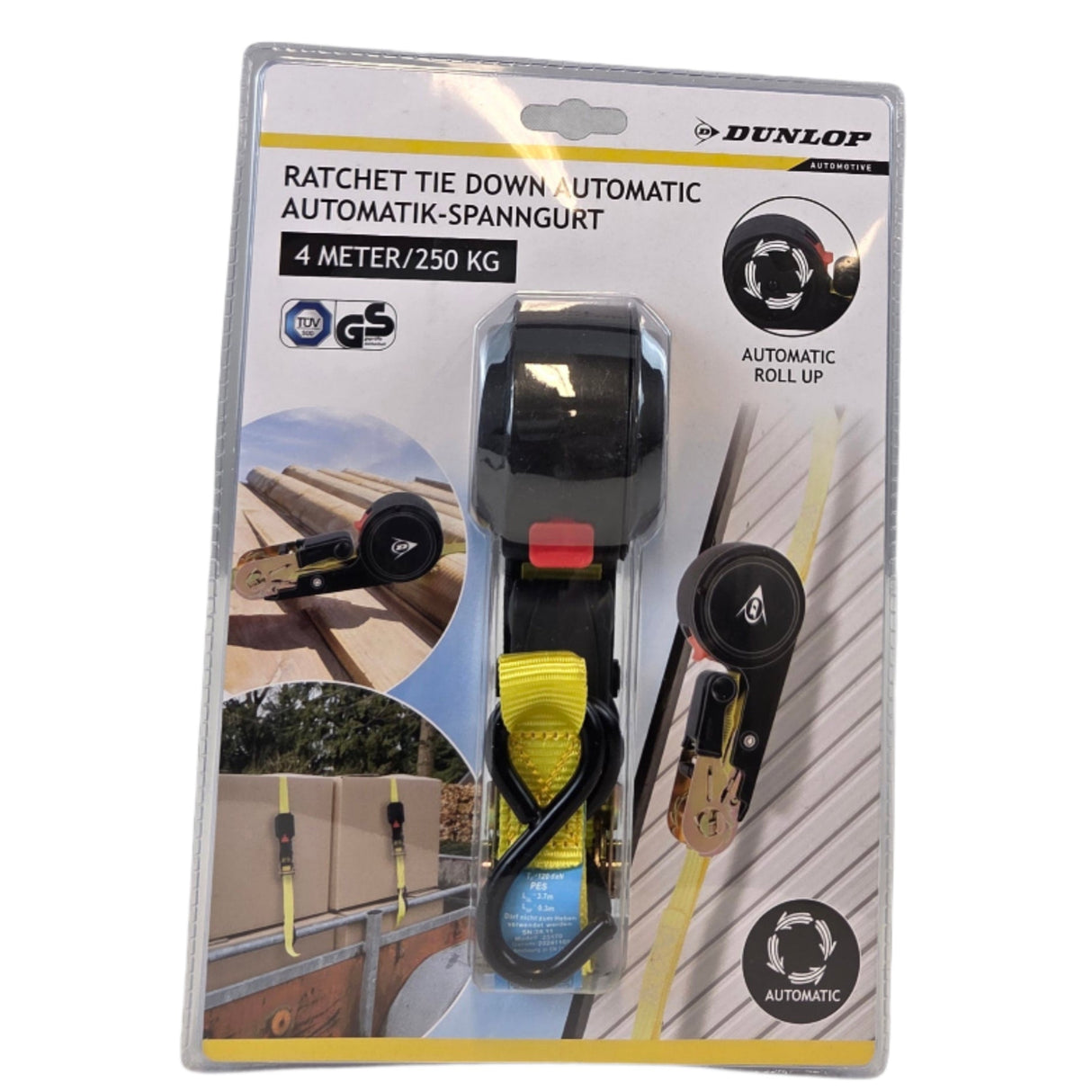 Dunlop Automatic Ratchet Strap with Hooks, 4m/250kg GS TÜV