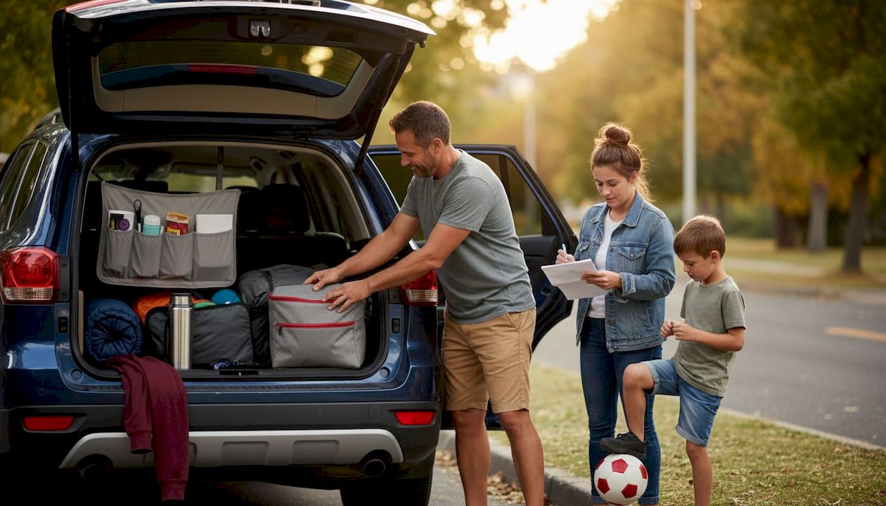 Family packing car with road trip gear