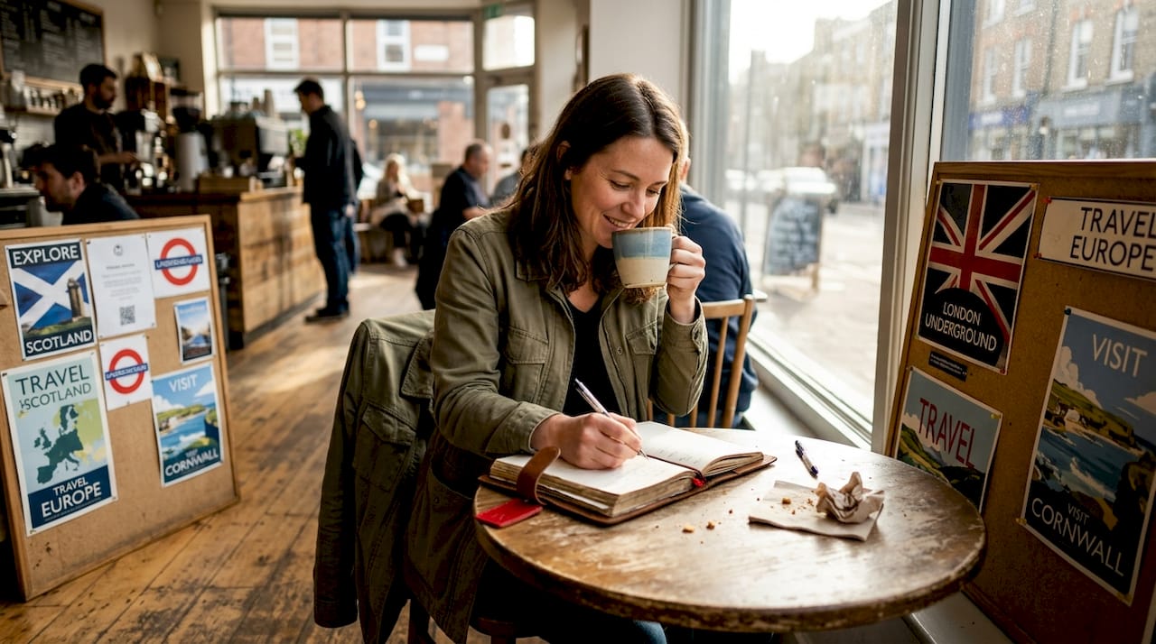 Traveler writes in journal at a cozy café