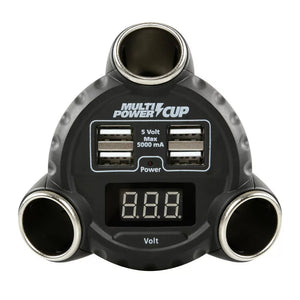 3-Socket Car Cigarette Lighter Splitter with Voltmeter & 4 USB Ports – Cup Holder Mount