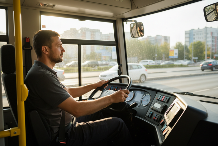 man in his 30s driving a bus, picture showing his every day job as a driver